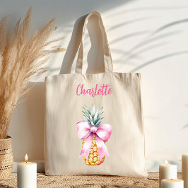 Bolsa Tote Grande Ananás tropical, cor-de-rosa, arco