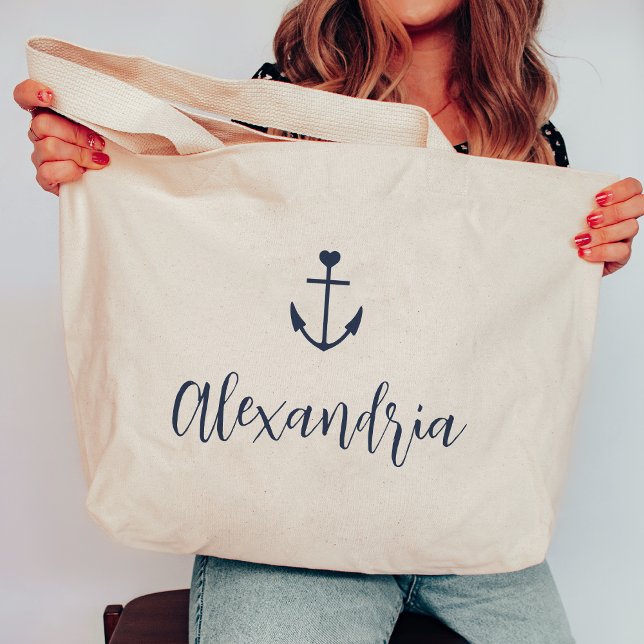 Bolsa Tote Grande Âncora do Coração Nome Personalizado Bachelorette (Criador carregado)