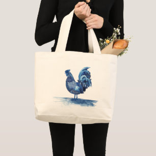 Bolsa Tote Grande Animais da Fazenda Azul de Cobalto - Galo