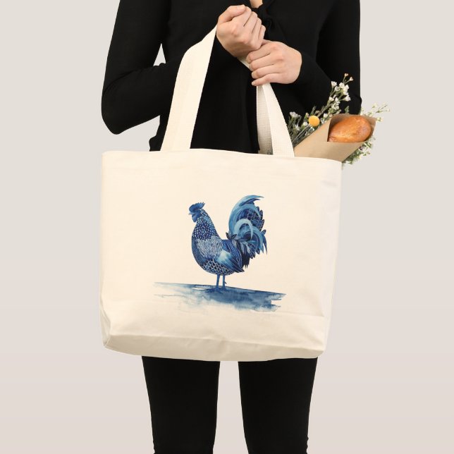 Bolsa Tote Grande Animais da Fazenda Azul de Cobalto - Galo (Frente (produto))