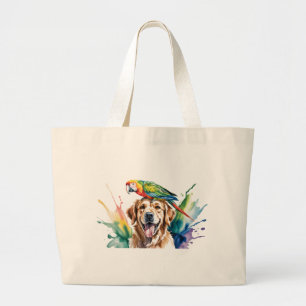 Bolsa Tote Grande Aquarela de Arara e um Retriever Dourado