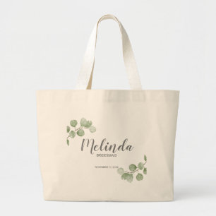 Bolsa Tote Grande Aquarela Eucalipto Nome Personalizado de Dama de H