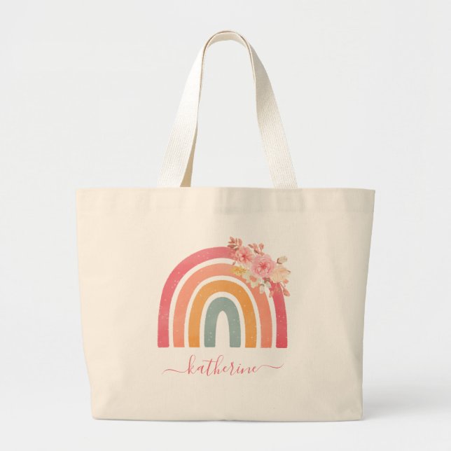 Bolsa Tote Grande Arco-Íris de Boho Cinto com Florestas de Aquarela (Frente)