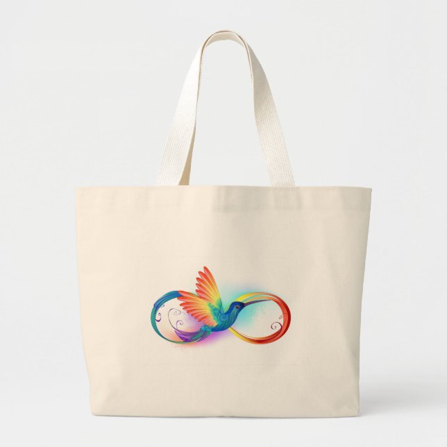 Bolsa Tote Grande Arco-íris Hummingbird com símbolo Infinito (Frente)