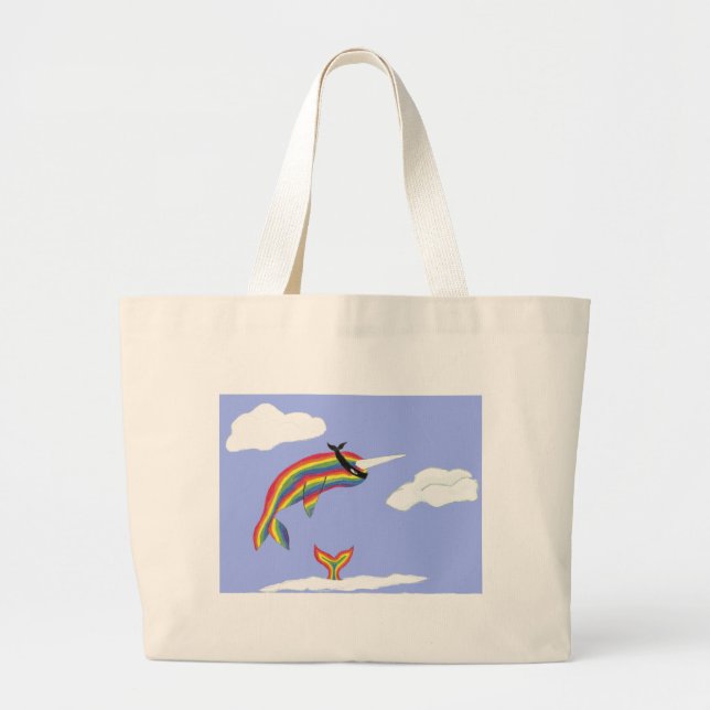 Bolsa Tote Grande Arco-íris Ninja Narwhal que voa (Frente)