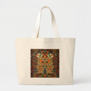 Bolsa Tote Grande Arte Asiática de Impressão Têxtil de Dragão Chinês