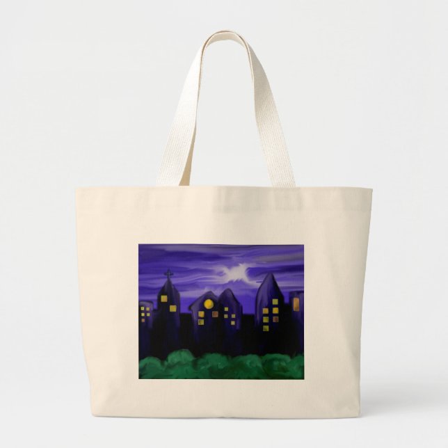 Bolsa Tote Grande Arte de canvas do arranha-céu noturno (Frente)