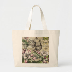 Bolsa Tote Grande Arte de Colagem de Jardim com Galo Vintage: País F