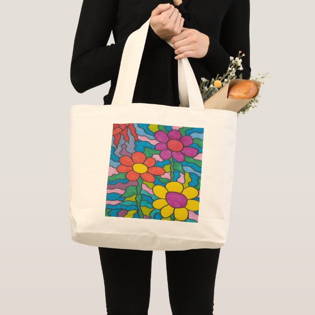 Bolsa Tote Grande Arte de Flor com Hippie Retroativo (Frente (produto))
