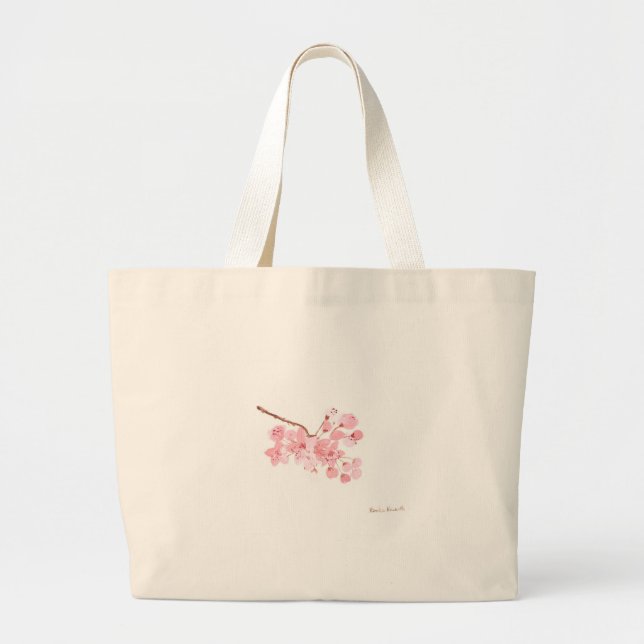 Bolsa Tote Grande arte de flor de cerejeira flores cor-de-rosa aquar (Frente)