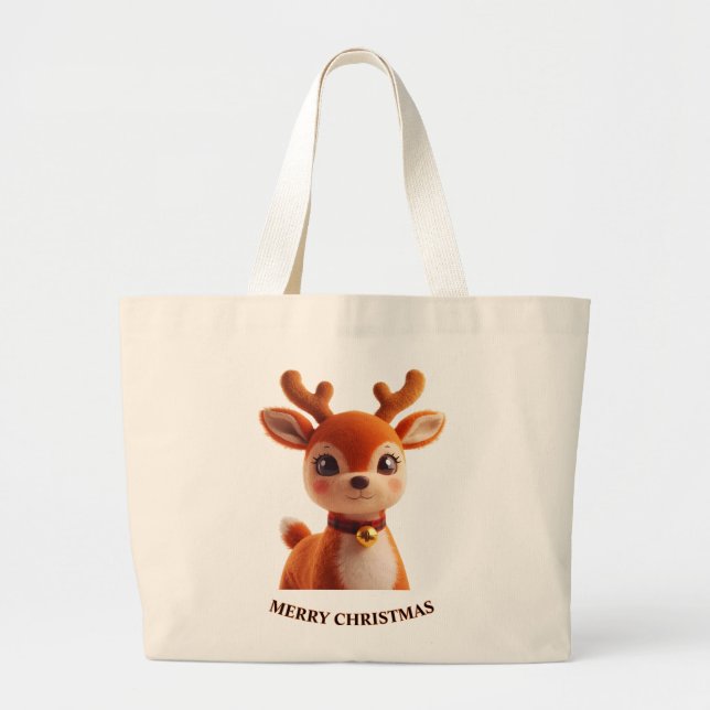 Bolsa Tote Grande Arte de Natal de Rena Fofa Retro (Frente)