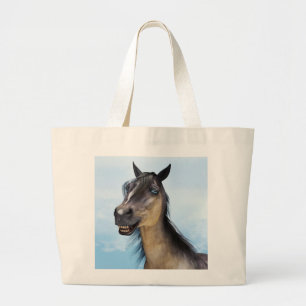 Bolsa Tote Grande Arte de retrato de cavalo com sorriso engraçado