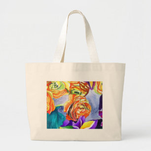 Bolsa Tote Grande Arte do watercolour do ranúnculo e da íris