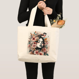 Bolsa Tote Grande Arte Romântica Suave com Mulher e Pássaro