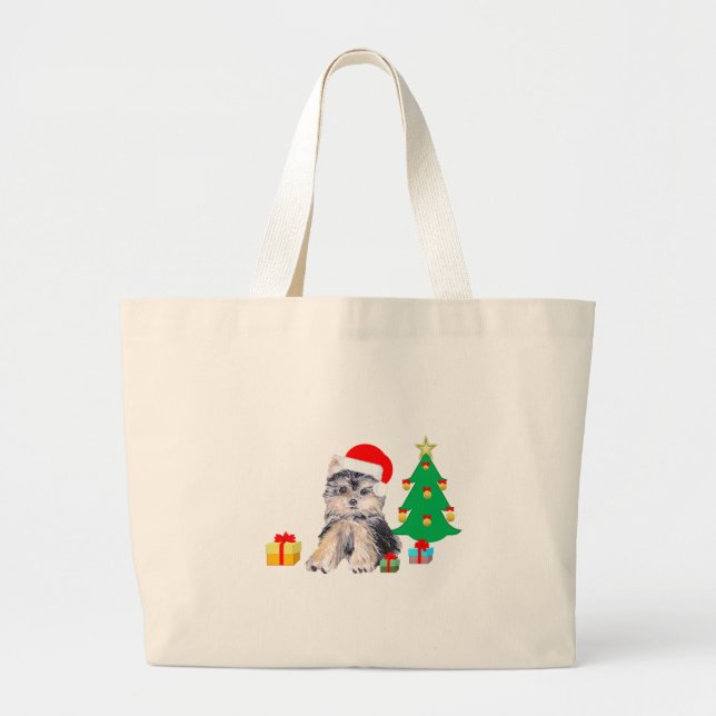 Bolsa Tote Grande Árvore de Natal, cachorrinho e arte de presente (Frente)