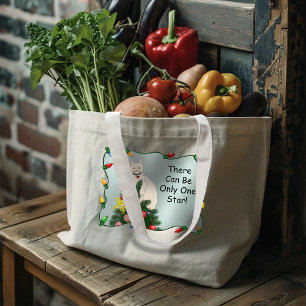 Bolsa Tote Grande Árvore de Natal Engraçada Gato Branco Festivo Verd