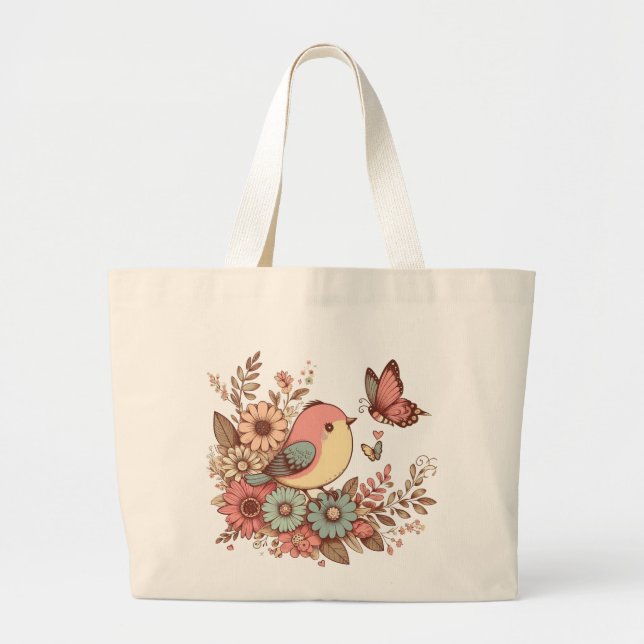 Bolsa Tote Grande Aves e Borboletas (Frente)