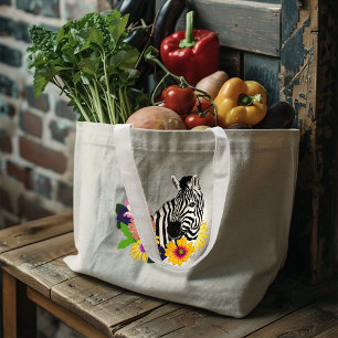 Bolsa Tote Grande Azul de Zebra Colorida Flor de Margarida Fauna Sel