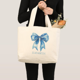 Bolsa Tote Grande Azul Préppy e Laço Branco Personalizado