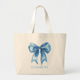 Bolsa Tote Grande Azul Préppy e Laço Branco Personalizado