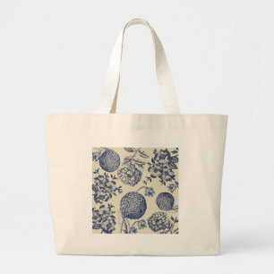 Bolsa Tote Grande Azul Vintage Trabalho de arte Impressão Flower An