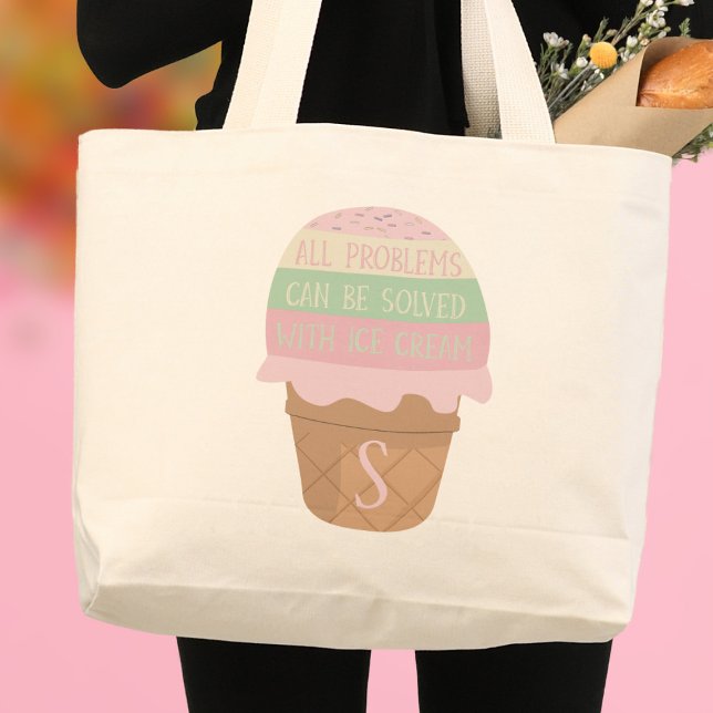 Bolsa Tote Grande Bag Tote Jumbo Monograma de Sorvete Cóteo (All problems can be solved with ice cream. Just add your initial to this cute summer tote bag)