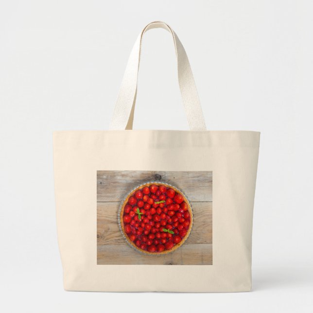 Bolsa Tote Grande Bagaço de morango com folhas de menta numa madeira (Frente)