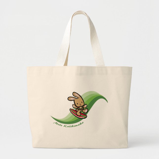 Bolsa Tote Grande Banda de Cartoon Verde de Bunny Holiday do Surfing (Frente)