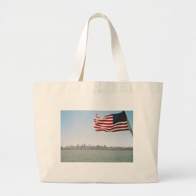Bolsa Tote Grande Bandeira Americana e linha costeira (Frente)