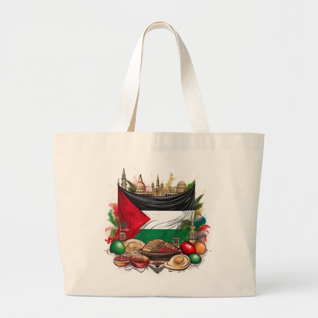 Bolsa Tote Grande Bandeira da Palestina com Tradicional Comida Tote  (Frente)
