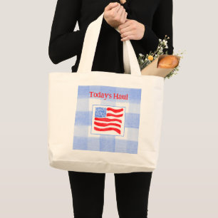 Bolsa Tote Grande Bandeira dos EUA em aquarela com xadrez azul