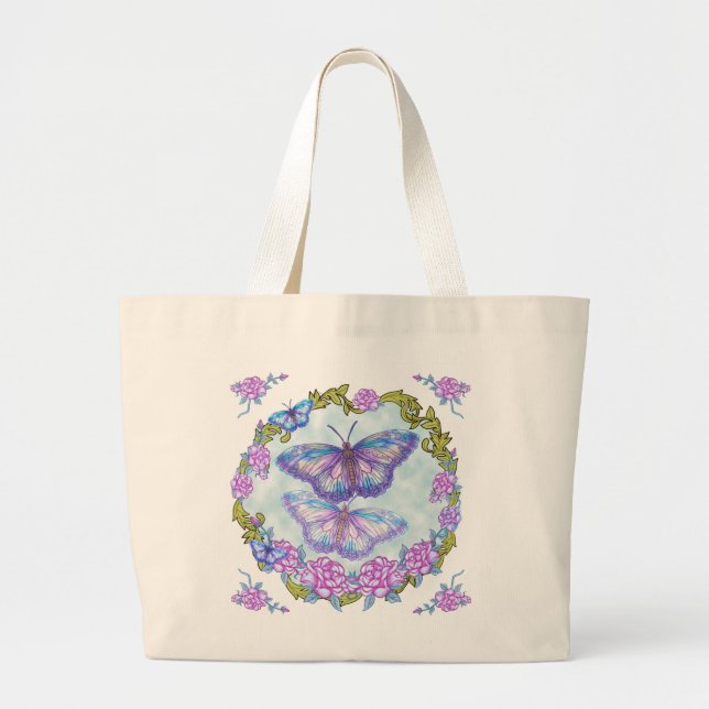 Bolsa Tote Grande Banheira de Rosas de borboleta (Frente)