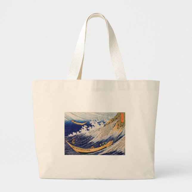 Bolsa Tote Grande Barcos de Pesca do Oceano Hokusai Ondas (Frente)