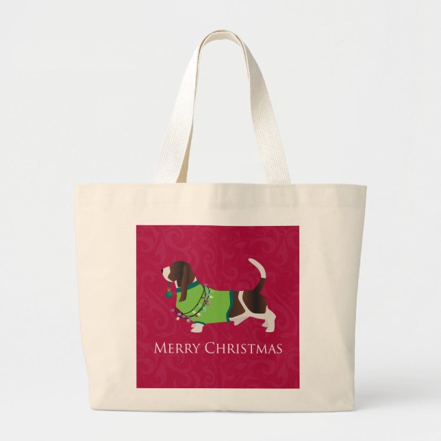 Bolsa Tote Grande Basset Hound Felry Design de Natal (Frente)