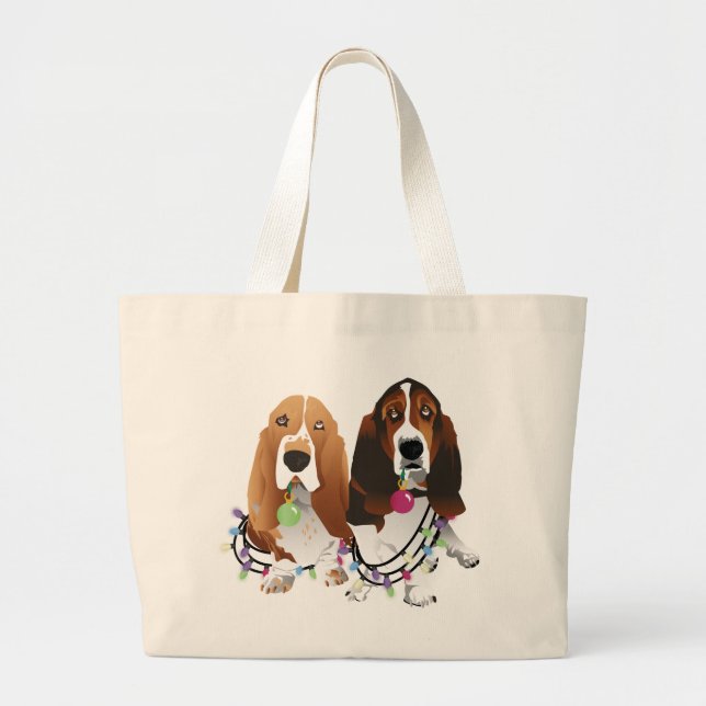 Bolsa Tote Grande Basset Hound Peace Love Joy Design de Natal (Frente)