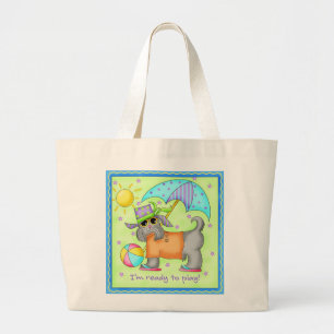 Bolsa Tote Grande Beach Dog Whimsy Art Green Blue
