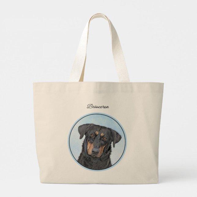 Bolsa Tote Grande Beauceret Black and Tan Painting Sheepdog Art (Verso)