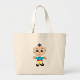Bolsa Tote Grande Bebê elfo fofo e feliz em roupas azuis e amarelas