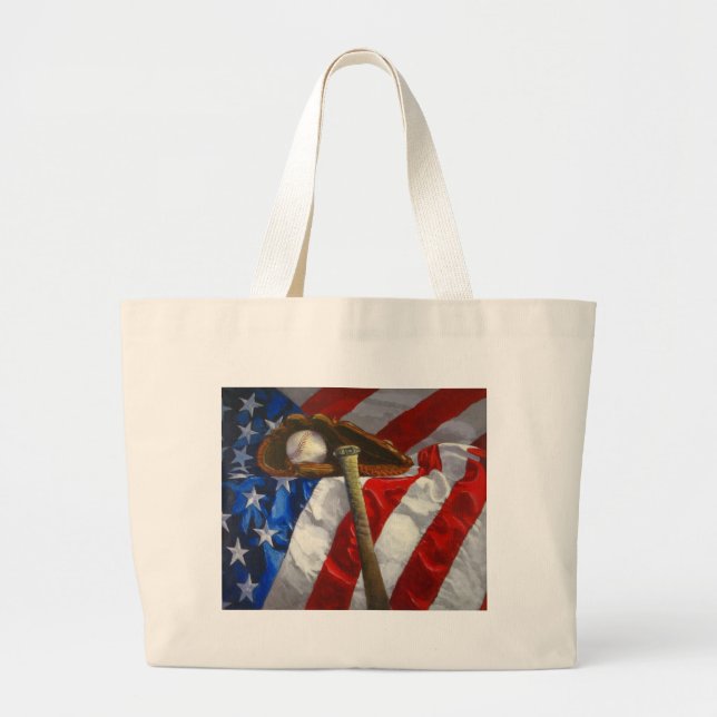 Bolsa Tote Grande Beisebol, luva, taco e bandeira americana (Frente)