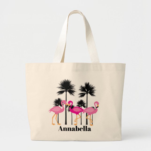 Bolsa Tote Grande Bela praia rosa flamingo adiciona nome ao saco (Frente)