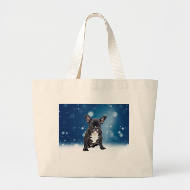 Bolsa Tote Grande Belo Buldogue Francês Estrelas de Neve Azul Natal (Frente)