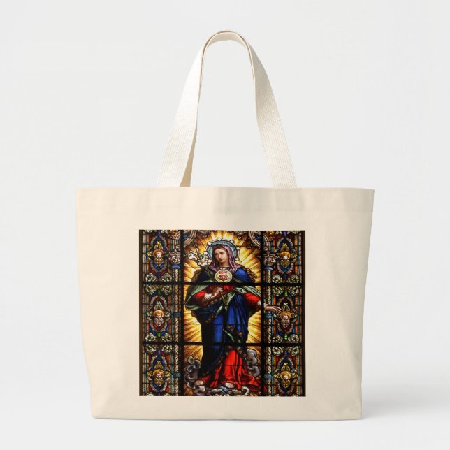Bolsa Tote Grande Belo Coração Religioso Sagrado da Virgem Maria (Frente)