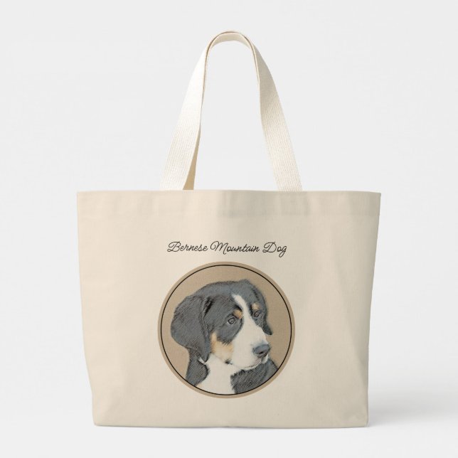 Bolsa Tote Grande Bernese Mountain Dog Puppy Pintura Pet Art (Verso)