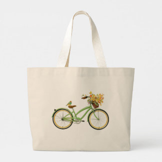 Bolsa Tote Grande Bicycle With Bird and Flower Basket Green Yellow