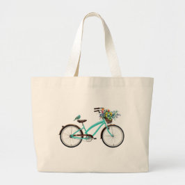 Bolsa Tote Grande Bicycle With Bird and Flower Basket Turquoise Blue