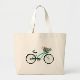 Bolsa Tote Grande Bicycle With Bird and Flower Basket Turquoise Blue