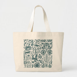 Bolsa Tote Grande Bird, Deer, tree folk pattern