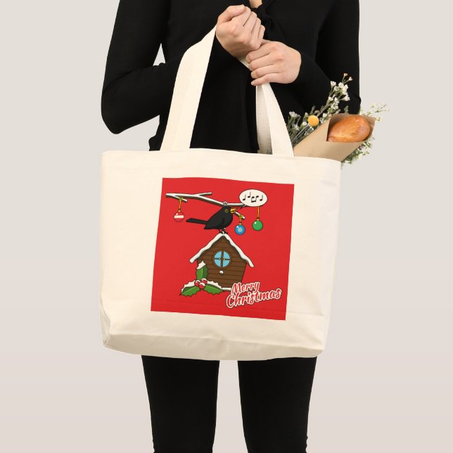 Bolsa Tote Grande Bird House Feliz Natal (Frente (produto))