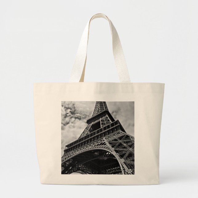 Bolsa Tote Grande Black White Eiffel Tower Paris Europe Viagem (Frente)