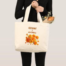  BLOOMING IN NJ, MARIGOLD FLORAL CANVAS TOTE 